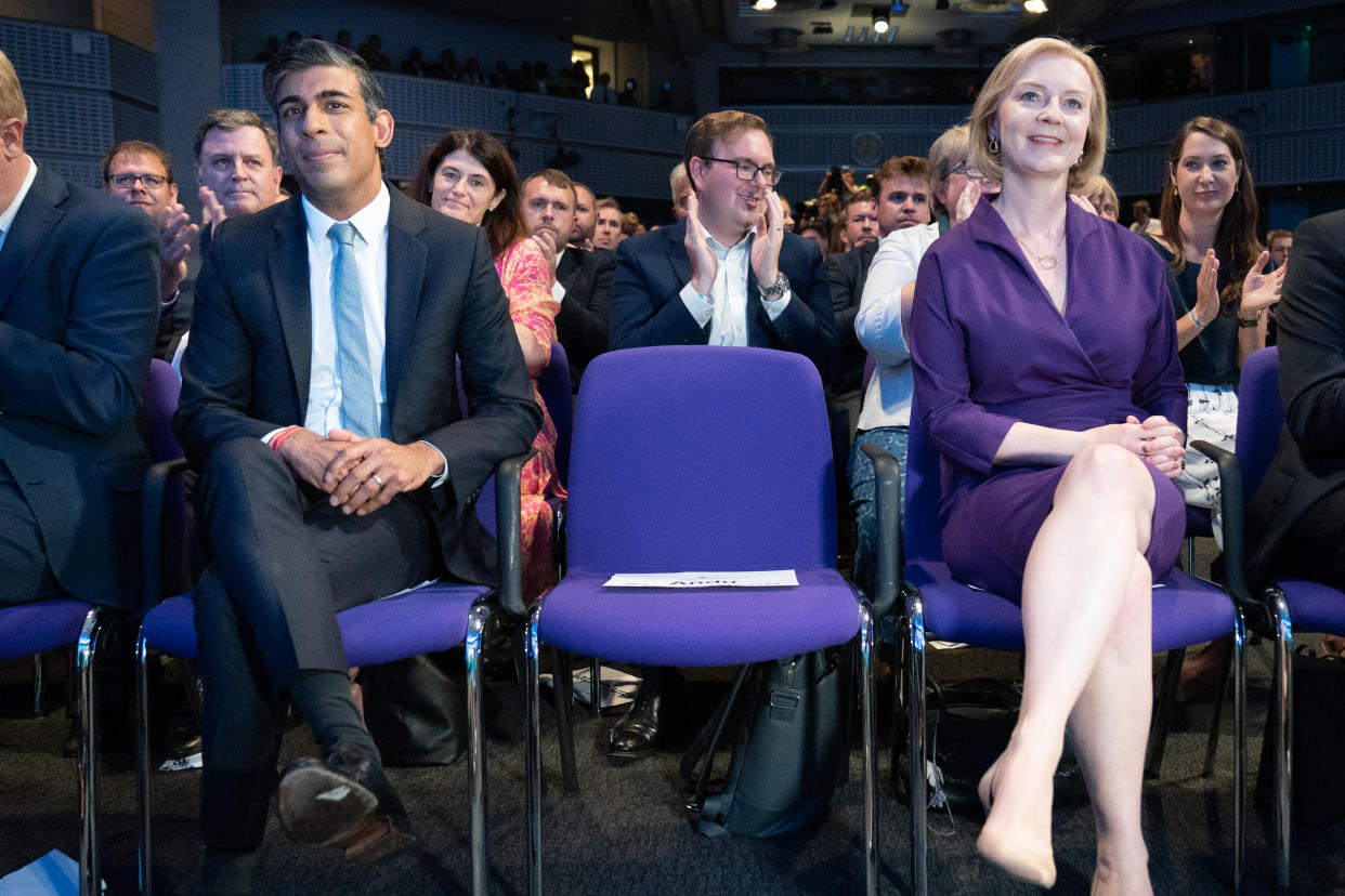 Tory leadership contenders Rishi Sunak and Liz Truss at the Queen Elizabeth II Centre in London as it was announced Liz Truss is the new Conservative party leader, and will become the next Prime Minister. Picture date: Monday September 5, 2022.