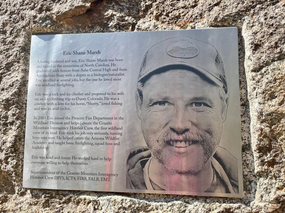 A memorial plaque for Granite Mountain Hotshot crew leader Eric Marsh is set in stone about a quarter mile into the trail up to the fatality site outside of Yarnell, AZ.