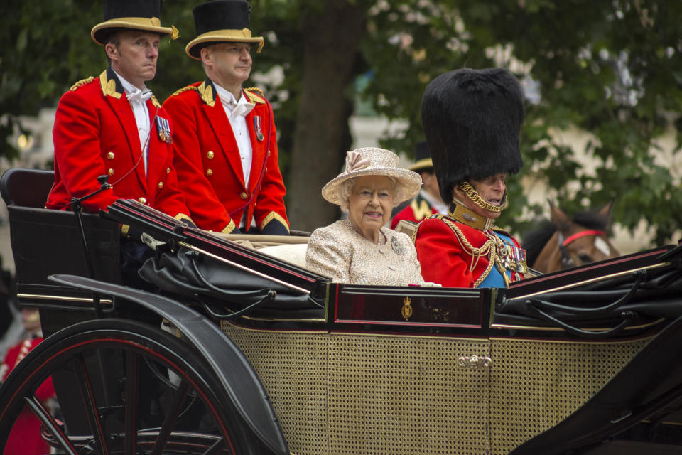 London, England - June 13, 2015: Queen Elizabeth II in an open carriage with Prince Philip for trooping the colour 2015 to mark the Queens official birthday, London, UK