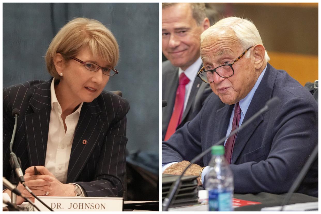 (Left) Ohio State University president Dr. Kristina Johnson during a medical center board meeting Feb 14, 2023 at the Longaberger Alumni House.  Mandatory Credit: Doral Chenoweth-The Columbus Dispatch(Right) During Wexner Medical Center Board meeting Feb. 20, 2019, where the board announced Dr. Harold "Hal" Paz as the new executive vice president and chancellor for health affairs.  Paz is center, with his hands folded on the table, Ohio State Board of Trustees member Les Wexner right.  