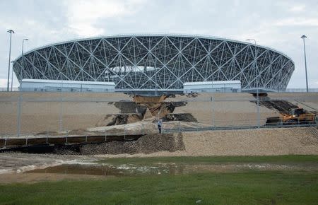 A view shows a landslide, caused by heavy rain, near the Volgograd Arena in Volgograd, a host city for the soccer World Cup, Russia July 15, 2018. REUTERS/Stringer