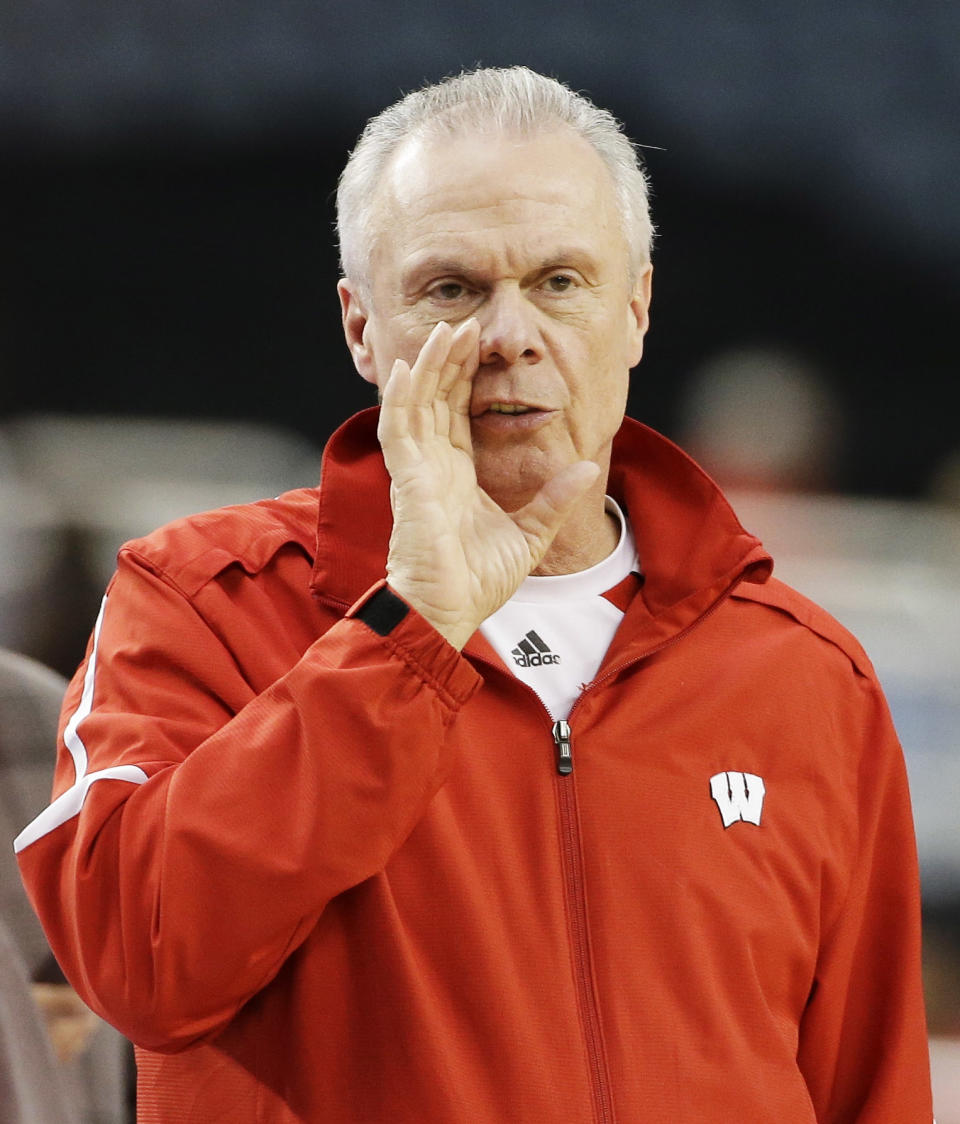 Wisconsin head coach Bo Ryan runs a drill during practice for an NCAA Final Four tournament college basketball semifinal game Friday, April 4, 2014, in Dallas. Wisconsin plays Kentucky on Saturday, April 5, 2014. (AP Photo/David J. Phillip)