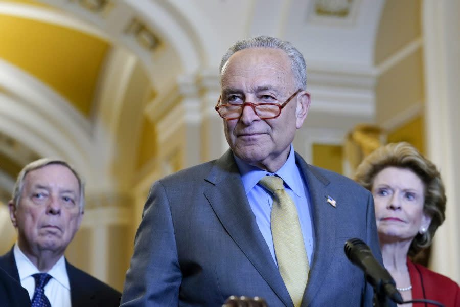 <em><sub>Senate Majority Leader Chuck Schumer (D-N.Y.), center, listens to a question as Sen. Dick Durbin (D-Ill.), left, and Sen. Debbie Stabenow (D-Mich) watch during a news conference after a policy luncheon Wednesday, May 31, 2023, on Capitol Hill in Washington. (AP Photo/Mariam Zuhaib)</sub></em>