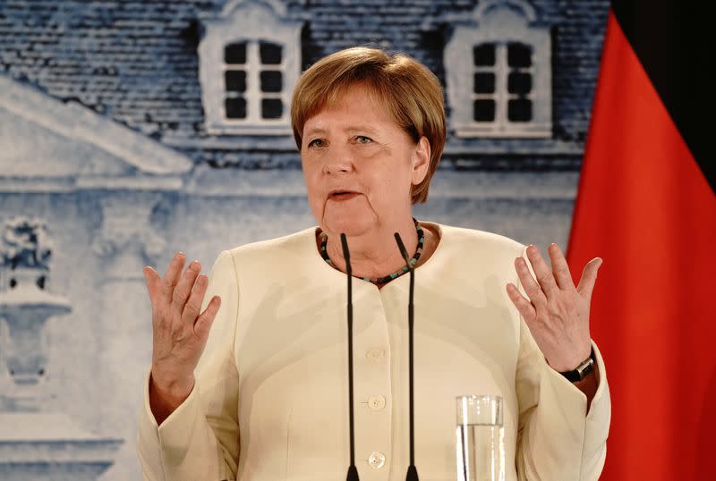 German Chancellor Angela Merkel and French President Emmanuel Macron meet at Meseberg castle