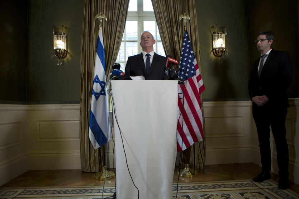 Israel Blue and White party leader Benny Gantz speaks during a news conference in Washington, Monday, Jan. 27, 2020, after meeting with President Donald Trump. (AP Photo/Jose Luis Magana)