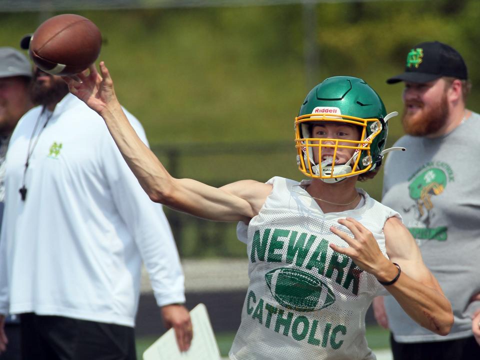 Newark Catholic's Miller Hutchison throws during a scrimmage at Granville on Tuesday.