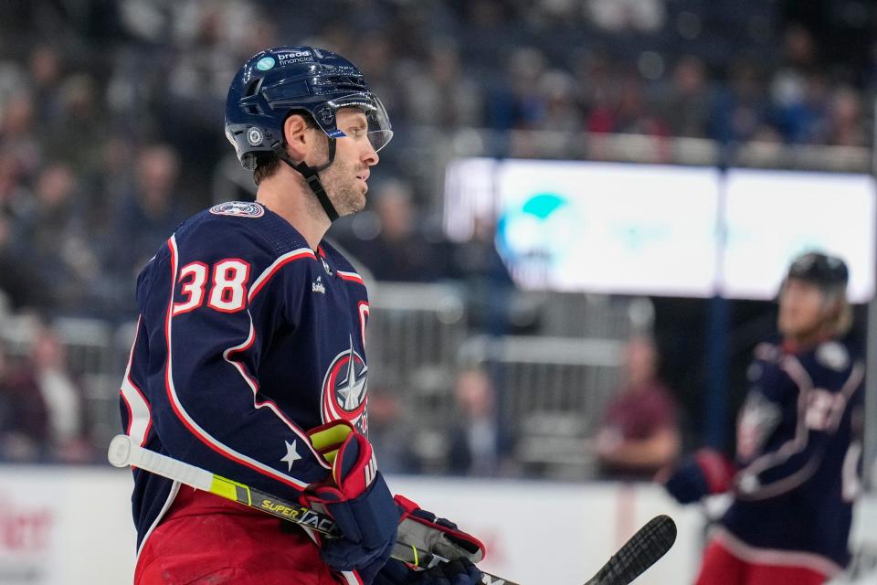 Oct 6, 2022; Columbus, Ohio, United States; Columbus Blue Jackets forward Boone Jenner (38) skates on the rink during the first period of the preseason game against the St. Louis Blues at Nationwide Arena. Mandatory Credit: Joseph Scheller-The Columbus Dispatch 