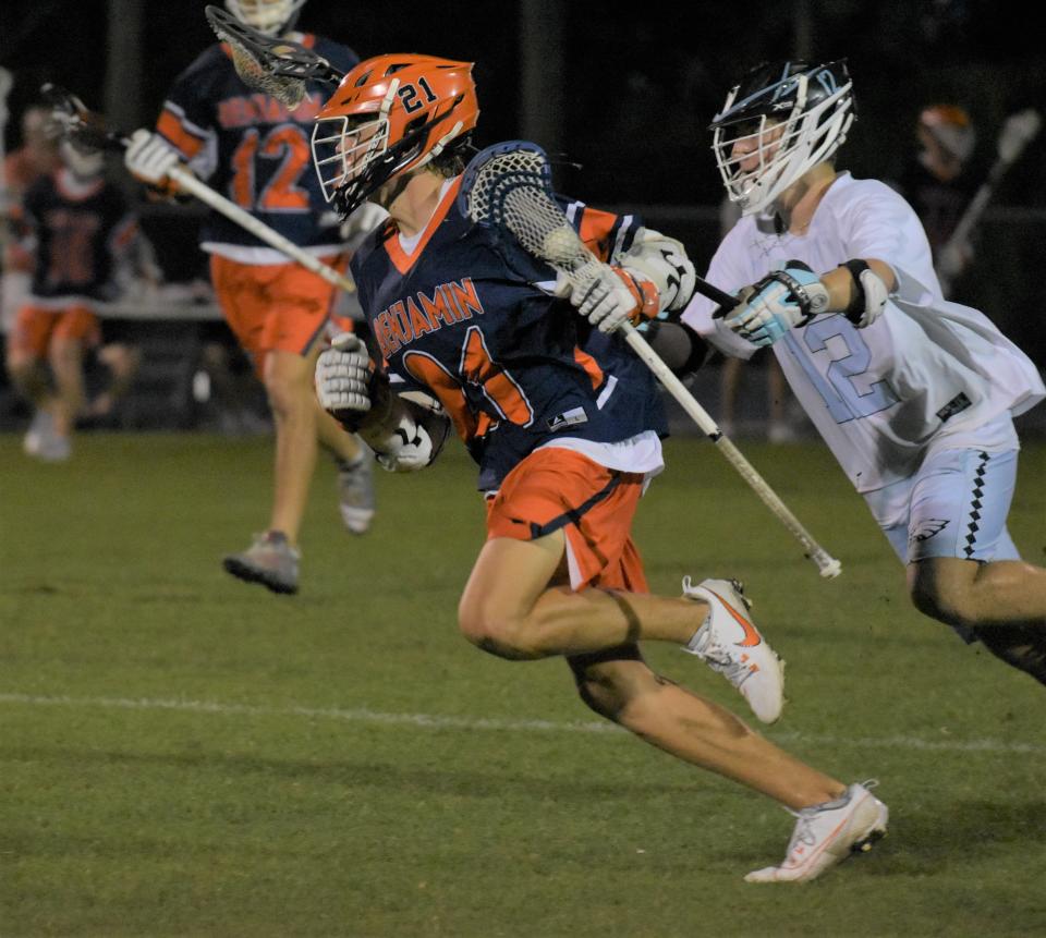 Benjamin's Alex Ponchock rushes upfield into the attacking zone during a regular season game against St. John Paul II on Mar. 8, 2024.