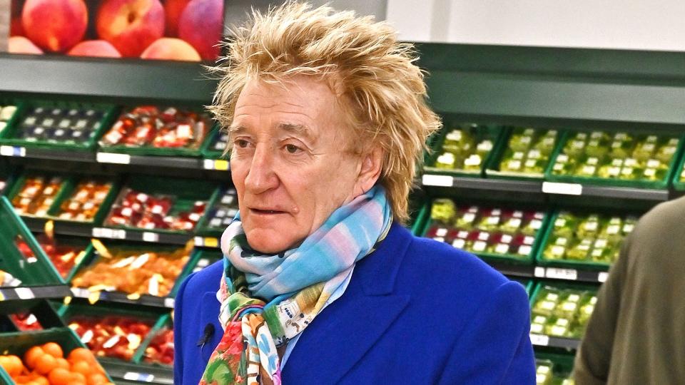 Sir Rod Stewart visits his local Tesco in Bishop's Stortford to celebrate Wolfie's Whisky now being available to buy in more than 400 Tesco stores across the UK on January 30, 2024 in London, England.