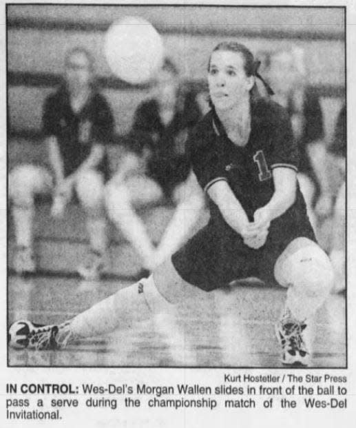 FILE -- Wes-Del's Morgan Wallen slides in front of the ball to pass a serve during the championship match of the Wes-Del Invitational.