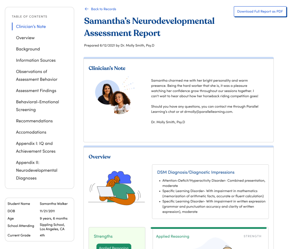 Example of a developmental assessment report from Parallel learning.