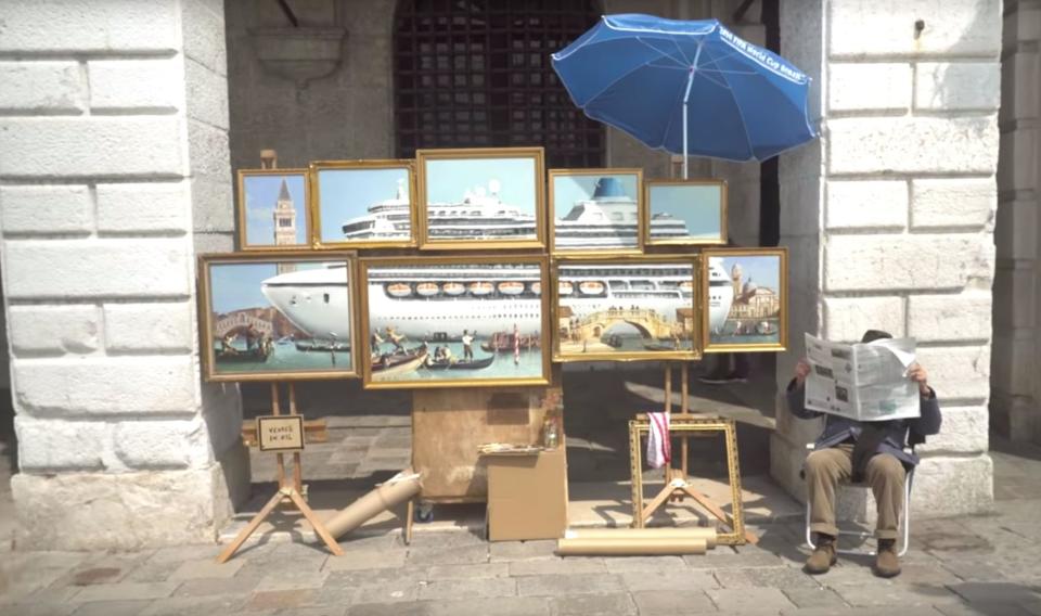 Banksy's "Venice in Oil" is set up at the&nbsp;2019&nbsp;<a href="https://www.huffpost.com/topic/venice-biennale" target="_blank" rel="noopener noreferrer">Venice Biennale</a>&nbsp;art exhibition, even though the famed British street artist wasn't invited to participate. (Photo: Banksy)