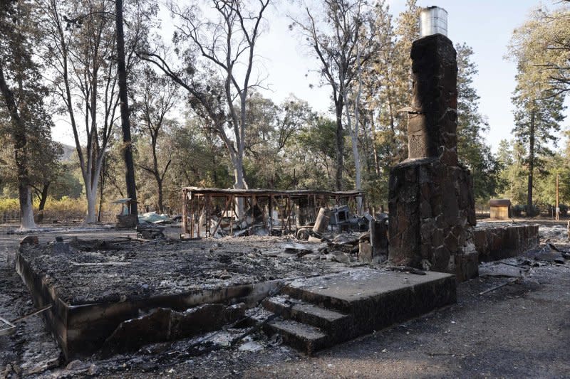 A destroyed structure from the Park Fire, which has currently burned over 383,619 acres, according to the California Department of Forestry and Fire Protection (Cal Fire), in Tehama County, California. Photo by John G. Mabanglo/EPA-EFE