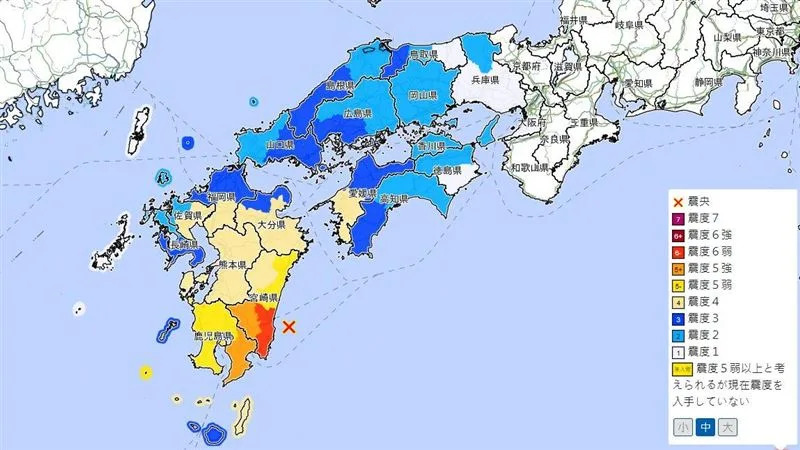 九州宮崎縣外海今（8）日在台灣時間下午3時43分左右，發生芮氏規模7.1強震。