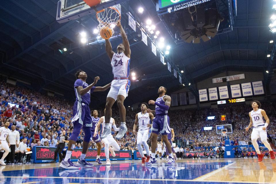 Kansas sophomore KJ Adams goes high for a dunk against Kansas State on Tuesday. Adams, a former Westlake High star, will face former teammate Brock Cunningham and the Longhorns on Monday.