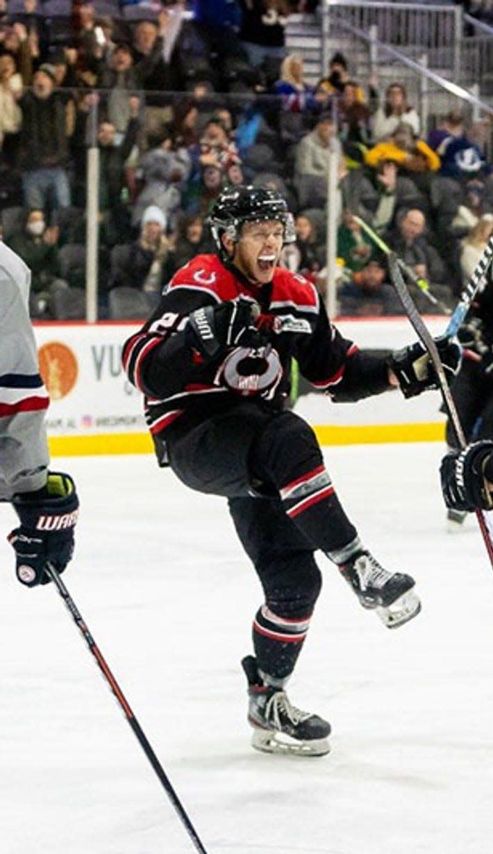 Veteran winger David Nippard celebrating a two-goal game while with the Birmingham Bulls during the 2021-22 SPHL season.