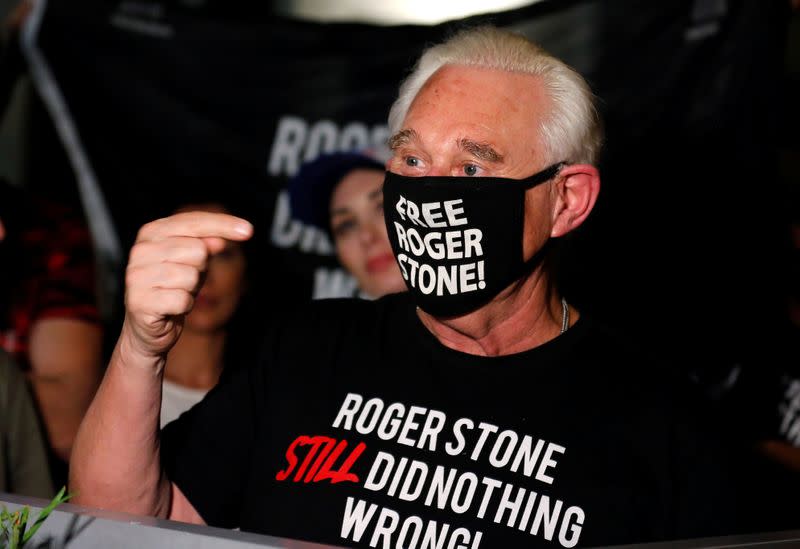 Roger Stone reacts after Trump commuted his federal prison sentence in Fort Lauderdale