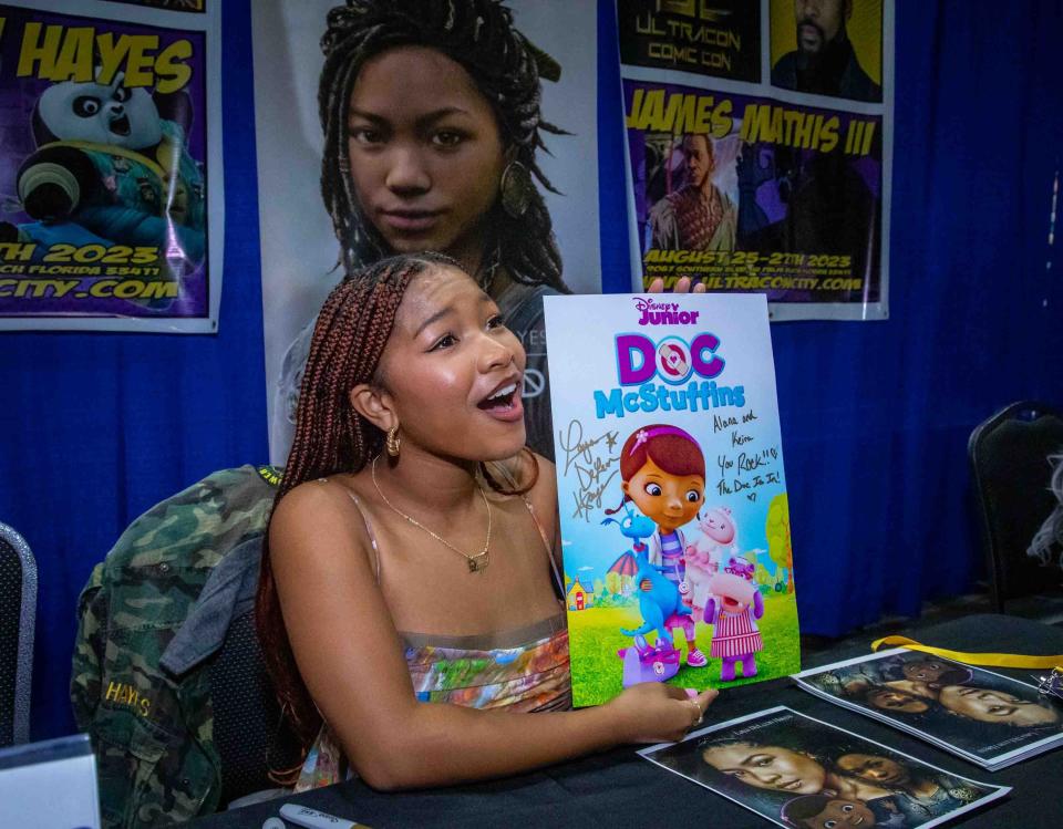 Laya DeLeon Hayes, the voice of Doc Mcstuffins, speaks with fans during the Ultracon Comic Con event at the South Florida Fairgrounds Expo Center on Saturday August 26, 2023. DeLeon Hayes is also a cast member of the hit TV series "The Equalizer."