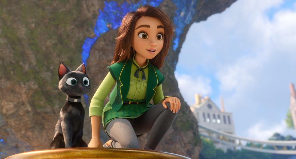 Sam (voiced by Eva Noblezada, left) and her new pal Bob (Simon Pegg) seek a magical lucky penny and create chaos in their wake in the Apple TV+ animated adventure "Luck."