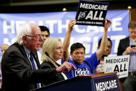 FILE PHOTO: Senator Bernie Sanders (I-VT) speaks during an event to introduce the "Medicare for All Act of 2017" on Capitol Hill in Washington, U.S., September 13, 2017. REUTERS/Yuri Gripas/File Photo