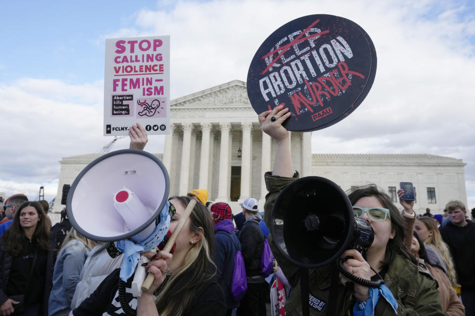 FILE - Anti-abortion demonstrators rally outside of the U.S. Supreme Court during the March for Life, Jan. 20, 2023, in Washington. North Dakota on Monday, April 24, became the latest state to ban abortion in most cases — again. Gov. Doug Burgum signed a ban that has narrow exceptions: Abortion is legal in pregnancies caused by rape or incest, but only in the first six weeks. Abortion is also allowed deeper into pregnancy in specific medical emergencies. (AP Photo/Alex Brandon, File)