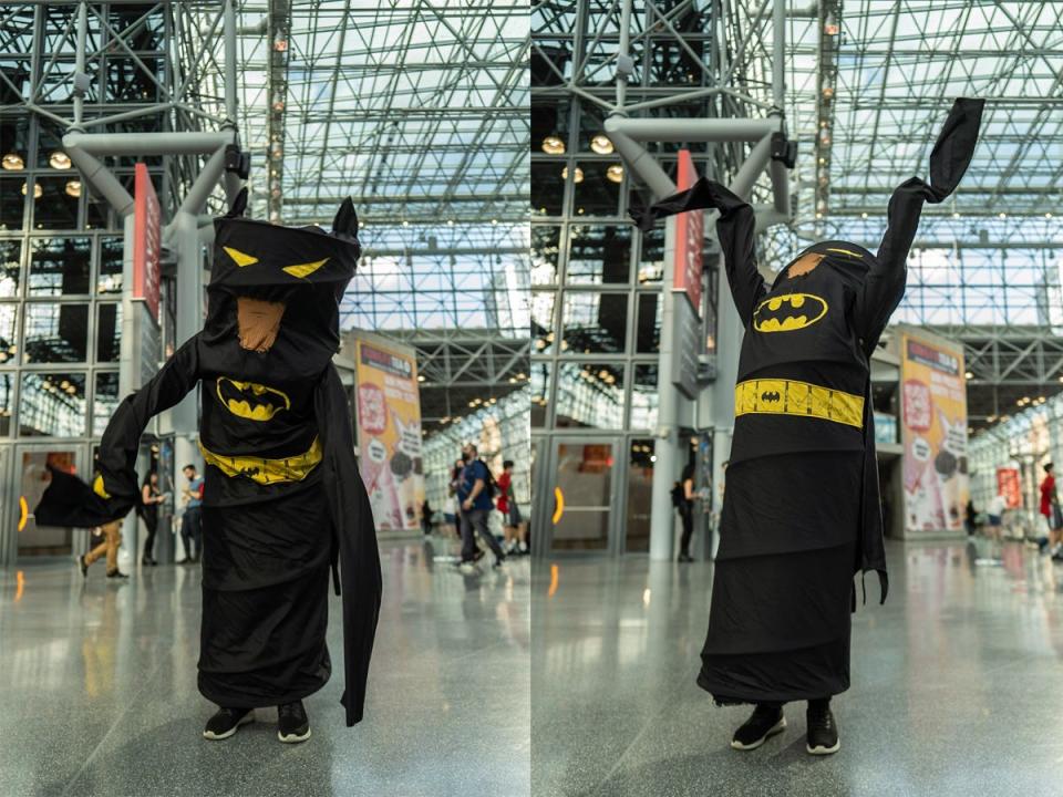 A cosplayer dressed as a wacky Batman at New York Comic Con 2021.