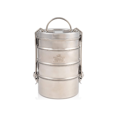 Indian Tiffin stainless steel lunch box against white background