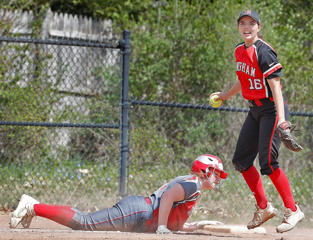 Hingham third base Bella Sullivan completes a double play from a hard out by pitcher Bilyana Wilkin catching an SL runner off the bag.Hingham hosts Silver Lake in softballon Tuesday April 18, 2023 