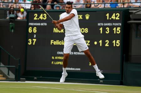 Britain Tennis - Wimbledon - All England Lawn Tennis & Croquet Club, Wimbledon, England - 3/7/16 Australia's Nick Kyrgios in action against Spain's Feliciano Lopez REUTERS/Stefan Wermuth