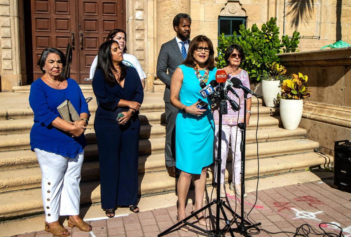 State Sen. Annette Taddeo, the Democratic candidate for Florida’s 27th Congressional District, speaks during a press conference held by former Cuban unaccompanied minors known as Pedro Pans and Democratic candidates at the Freedom Tower in Miami, on Wednesday, Sept. 7, 2022.