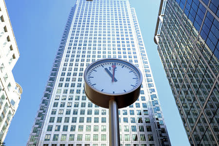 FILE PHOTO: A clock is seen in London's Financial centre at Canary Wharf In London, Britain, May 25, 2017. REUTERS/Russell Boyce/File Photo