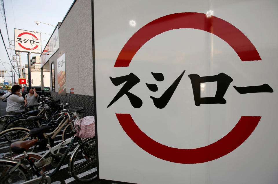 The logo of sushi restaurant chain Sushiro, operated by Akindo Sushiro Co., is displayed outside the restaurant in Kawaguchi, Saitama prefecture, Japan May 14, 2016. REUTERS/Issei Kato