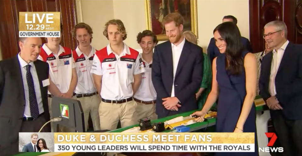 Harry and Meghan meet some influential young Victorians. Photo: Channel 7