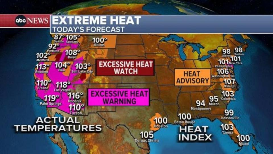 PHOTO: This weather map shows exteme heat in today's forecast, July 10, 2024. (ABC News)