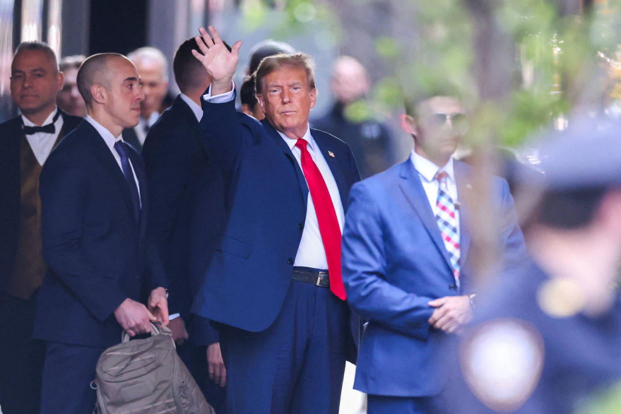 Former President Donald Trump departs Trump Tower for Manhattan Criminal Court on April 15, 2024. (Charly Triballeau / AFP - Getty Images)