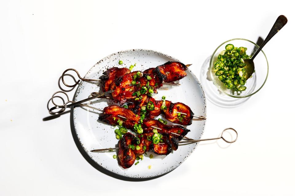 Sweet and Spicy Bacon Kebabs with Scallion-Ginger Relish