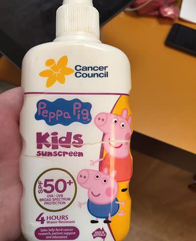 The sunscreen, which has Peppa Pig on the front. Source: Facebook