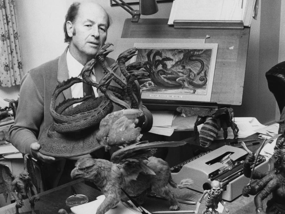 Artist and movie model maker Ray Harryhausen with some of his creations in his Kensington studio