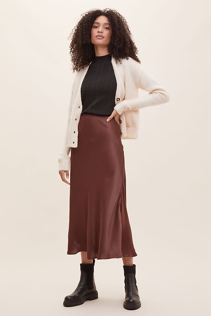 Bias Satin Midi Skirt. (Anthopologie)