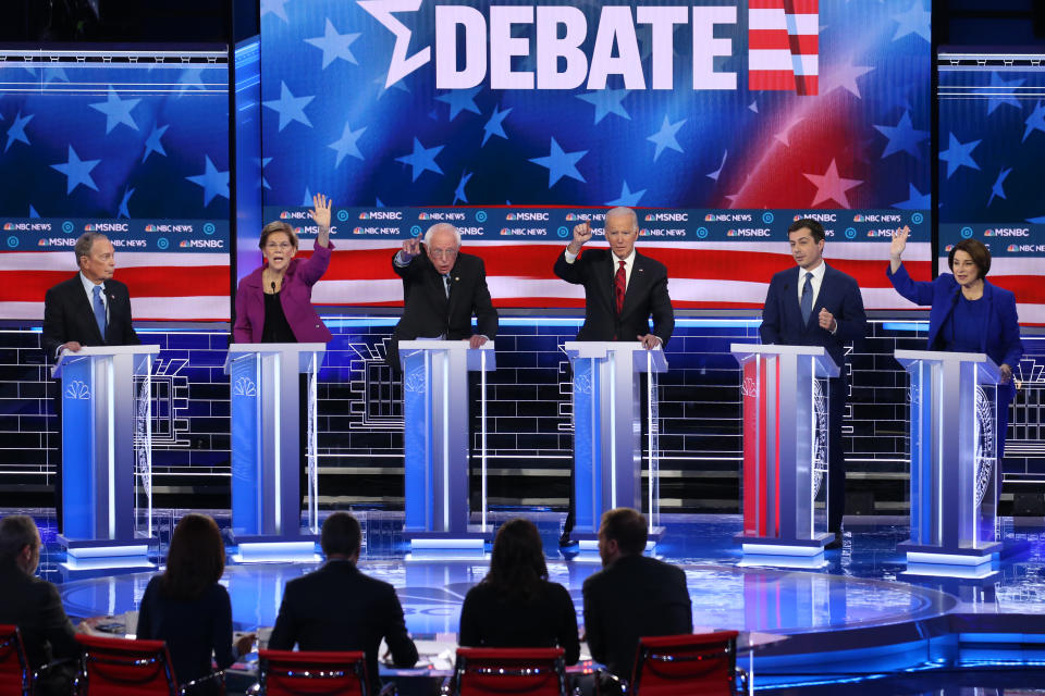  Mike Bloomberg, Elizabeth Warren, Bernie Sanders, Joe Biden, Pete Buttigieg and Amy Klobuchar