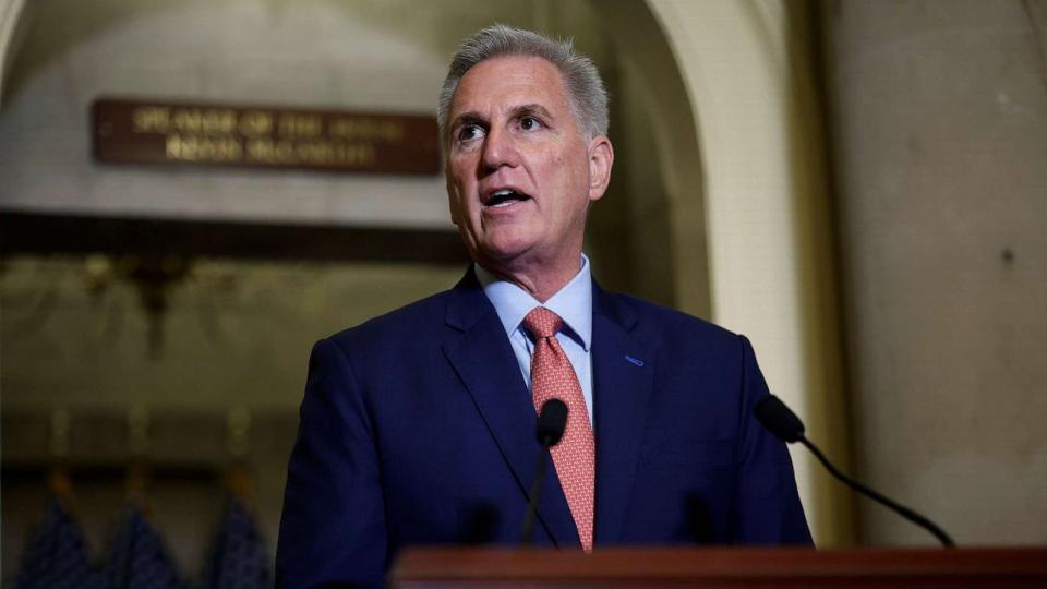 PHOTO: Speaker of the House Kevin McCarthy (R-CA) announces an impeachment inquiry against U.S. President Joe Biden to members of the news media outside his office at the U.S. Capitol, Sept. 12, 2023, in Washington. (Chip Somodevilla/Getty Images)