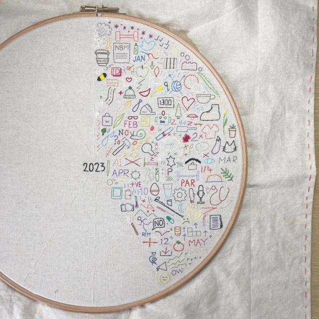 Writer completes embroidery journal documenting 2023 with stitched