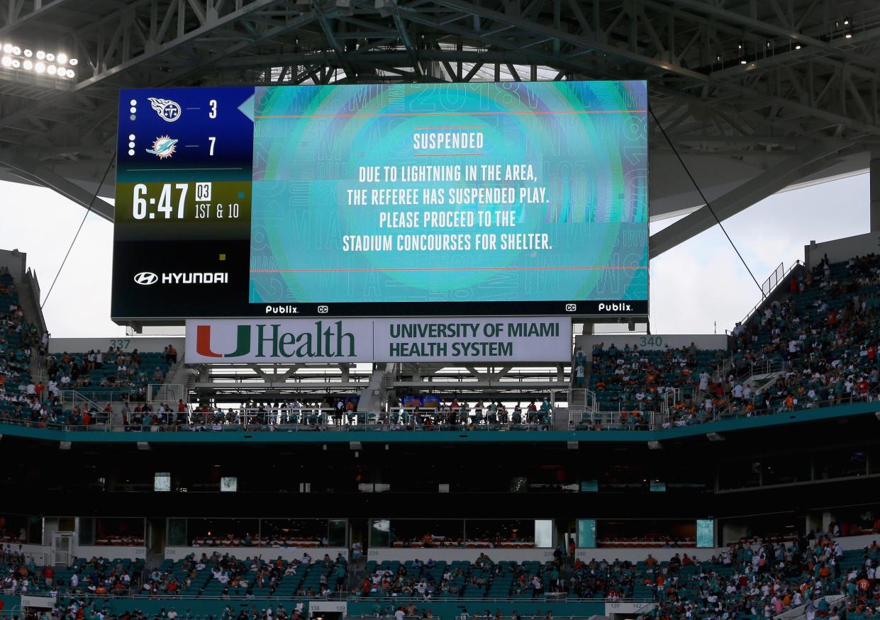 Lightning forced a pair of delays in Sunday’s bizarre Dolphins-Titans game that turned out to be the longest game in NFL history. (Getty)