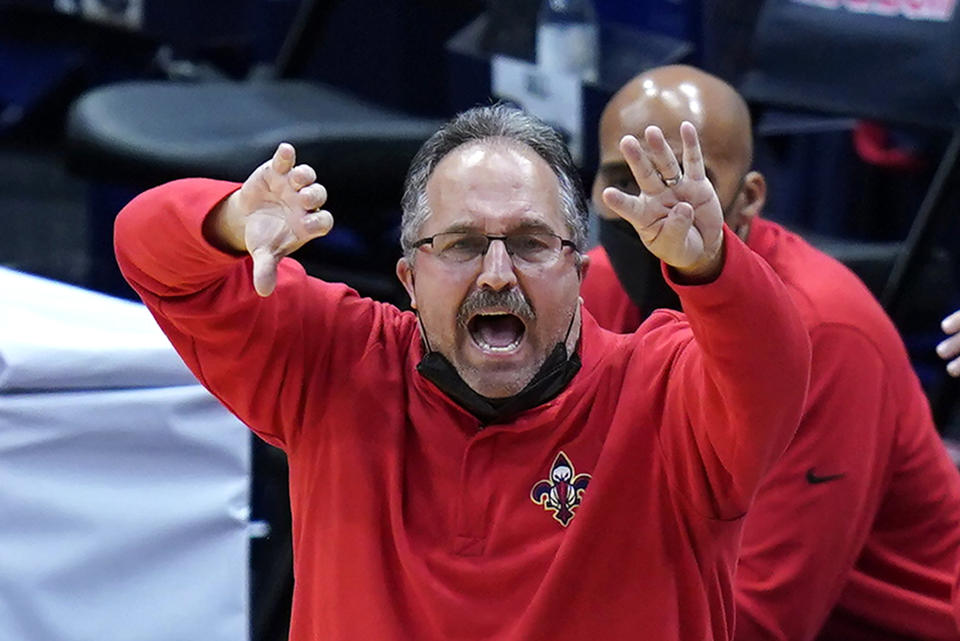 FILE - New Orleans Pelicans head coach Stan Van Gundy calls out from the bench in the second half of an NBA basketball game against the New York Knicks in New Orleans, in this Wednesday, April 14, 2021, file photo. The Knicks won 116-106. Stan Van Gundy is out as Pelicans coach following just one season at the helm, a person familiar with the situation said. The person spoke to The Associated Press on condition of anonymity Wednesday, June 16, 2021, because the move has not been publicly announced. (AP Photo/Gerald Herbert, File)