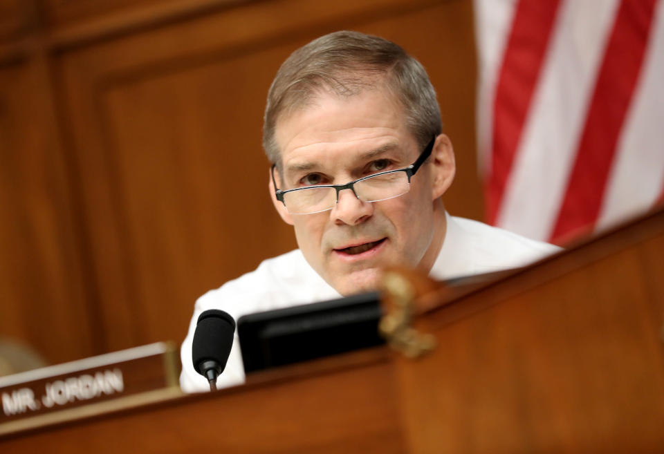 Representative Jim Jordan, a Republican from Ohio and ranking member of the House Oversight Committee, speaks during a hearing with Michael Cohen, former personal lawyer to U.S. President Donald Trump, not pictured, in Washington, D.C., U.S., on Wednesday, Feb. 27, 2019. Cohen plans to tell a congressional committee about alleged misdeeds by his former boss, claiming that Trump knew during the 2016 presidential election that his ally Roger Stone was talking to Julian Assange of WikiLeaks about a release of hacked Democratic National Committee emails. Photographer: Andrew Harrer/Bloomberg via Getty Images