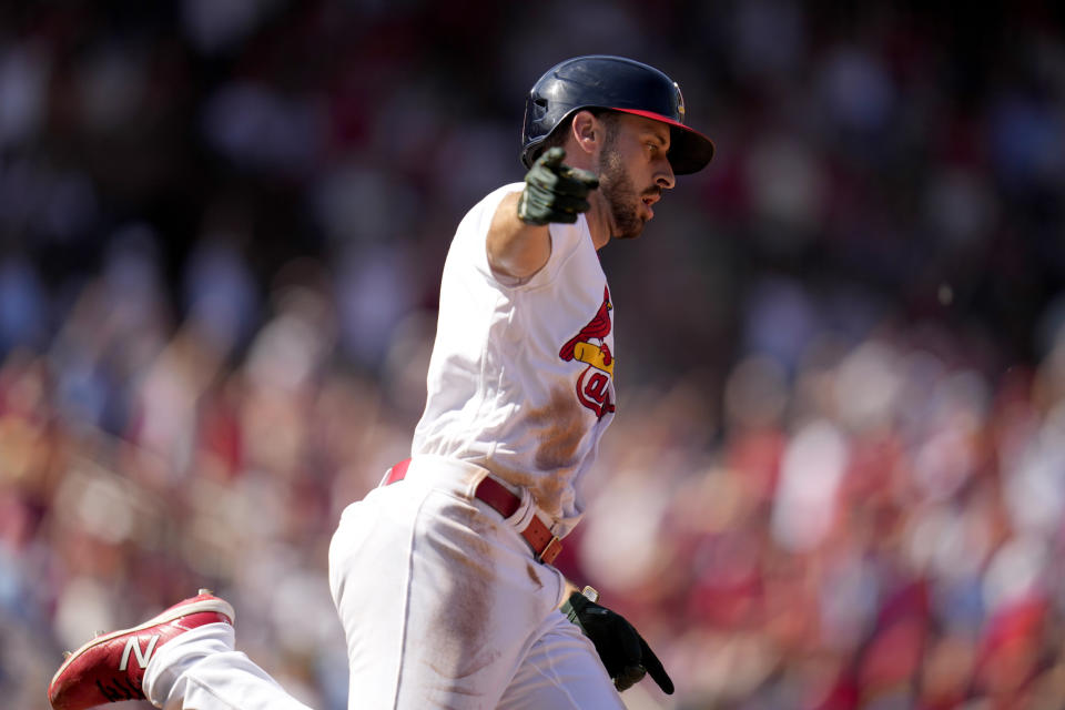 St. Louis Cardinals' Paul DeJong celebrates after hitting a three-run home run during the seventh inning of a baseball game against the Los Angeles Dodgers Sunday, May 21, 2023, in St. Louis. (AP Photo/Jeff Roberson)