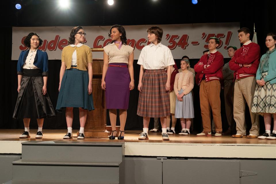 Grease: Rise of the Pink Ladies: "We're Gonna Rule the School" EP#101 Tricia Fukuhara as Nancy Nakagawa, Marisa Davila as Jane Facciano, Cheyenne Wells as Olivia Valdovinos and Ari Notartomaso as Cynthia Zdunowski streaming on Paramount +, 2022. Photo Credit: Eduardo Araquel/Paramount+