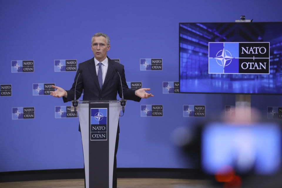 NATO Secretary General Jens Stoltenberg speaks during a news conference at the end of a NATO Foreign Affairs Ministers meeting at NATO headquarters in Brussels, Wednesday, March 24, 2021. (Olivier Hoslet/Pool Photo via AP)