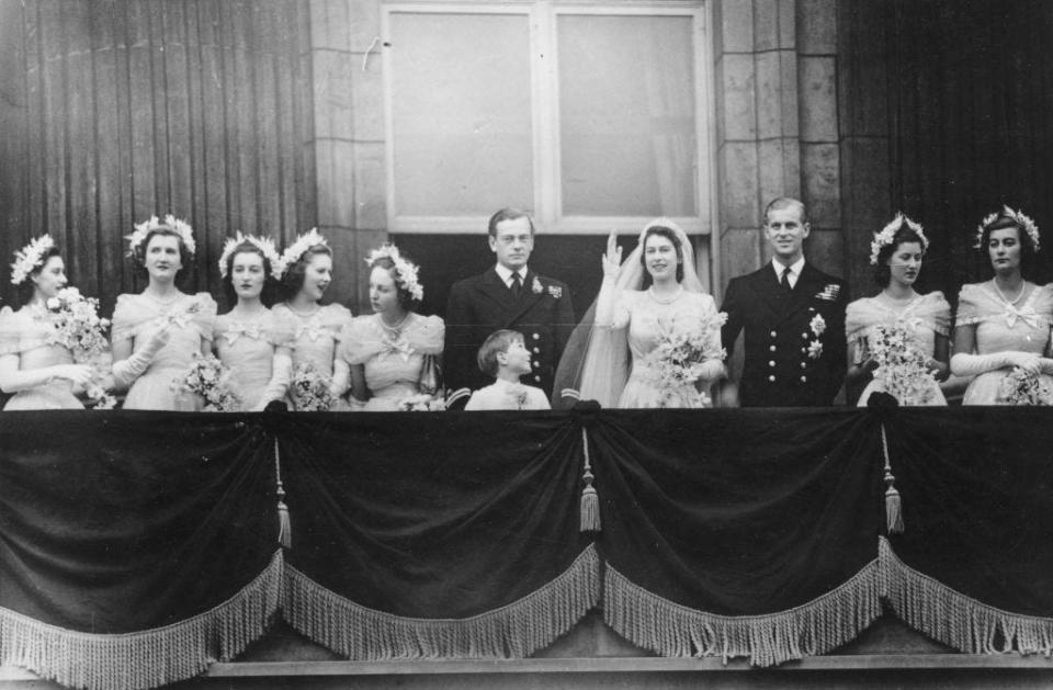 Queen Elizabeth II and Prince Phillip on the balcony of Buckingham Palace on their wedding day in 1947. Lady Elizabeth Lambart, Rose Hanbury's grandmother, is the fifth bridesmaid from the left.