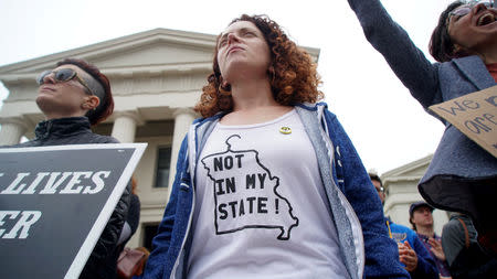 Hundreds of women protest on the steps of the Old Courthouse during a Stop the Abortion Ban Bill Day of Action in St. Louis, Missouri, U.S., May 21, 2019. REUTERS/Lawrence Bryant